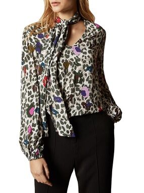Ted Baker Cream Blouse with Olive, Plum, and Black Leopard Spots and tie front